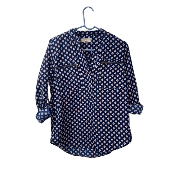 Michael Kors Blue Print 3/4 Sleeve Top Blouse Shirt Zipper Pockets Sz M - Picture 1 of 5